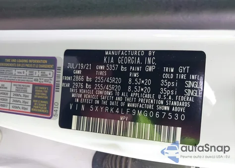 2021 Kia Sorento Sx Prestige z USA, uszkodzony, nr VIN 5XYRK4LF9MG067530